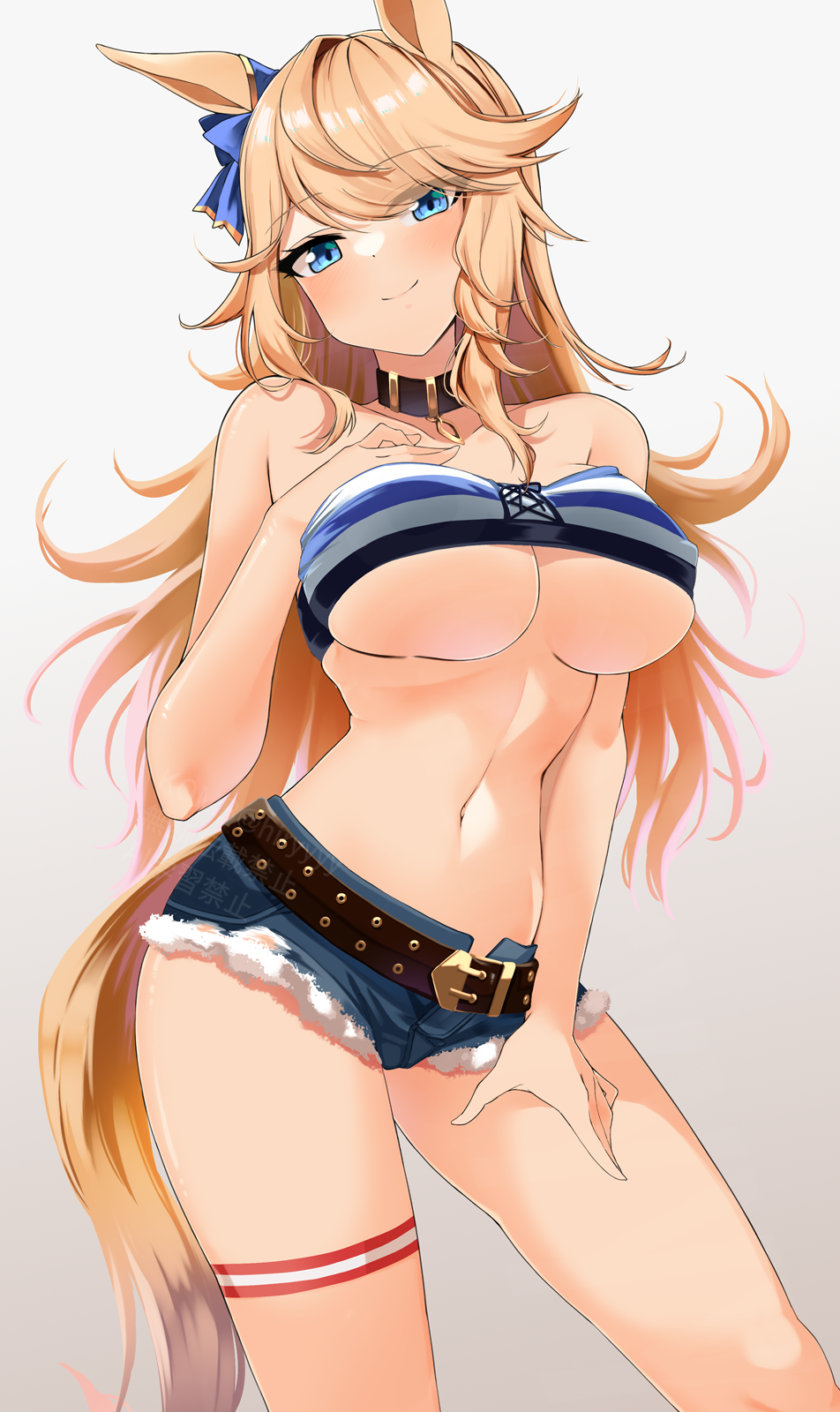 1girl animal_ears bandeau bare_shoulders belt black_belt black_choker blonde_hair blue_bow blue_nails bow breasts choker cleavage commentary_request cowboy_shot cutoffs denim denim_shorts gold_city_(umamusume) grey_eyes hair_bow head_tilt highres horse_ears horse_girl komb long_hair long_sleeves looking_at_viewer midriff navel short_shorts shorts simple_background solo standing stomach strapless striped_bandeau tail thighs tube_top umamusume white_background