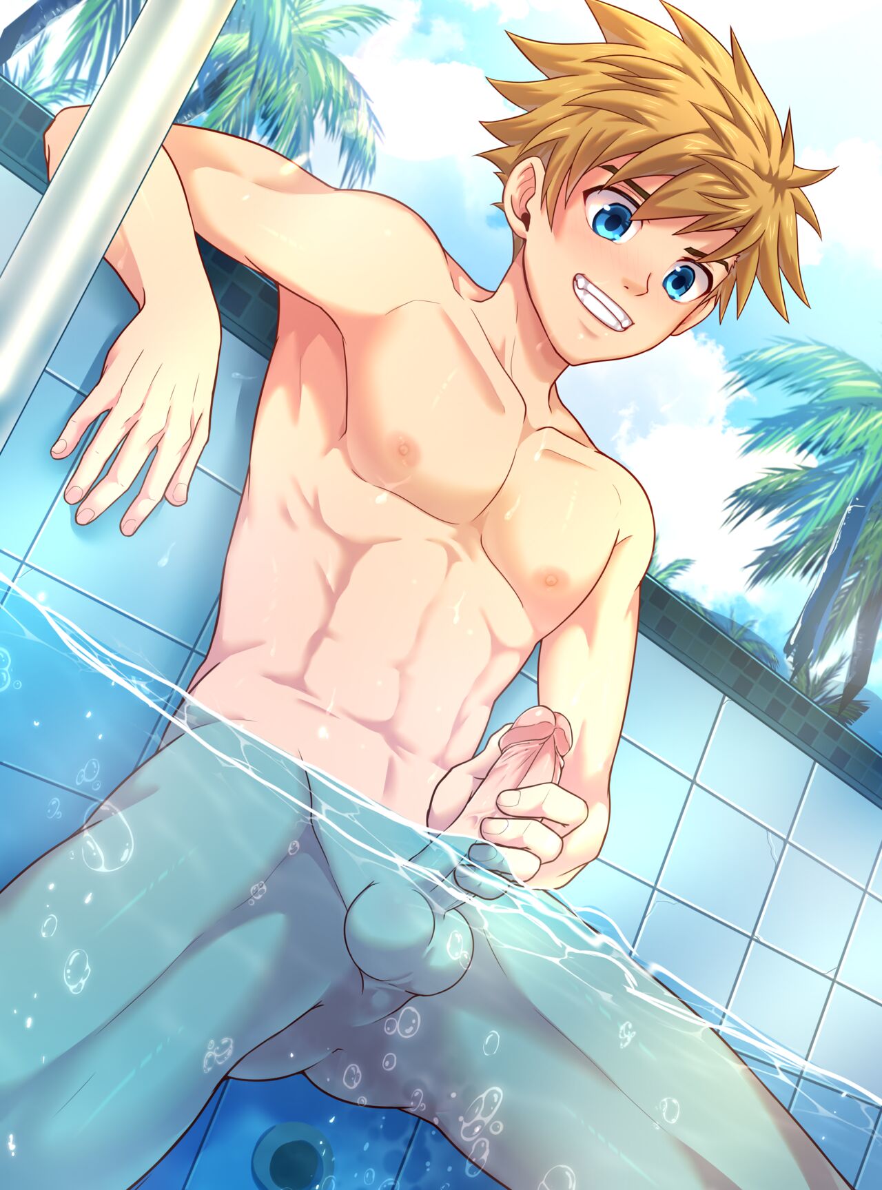 connor bleufin, camp buddy, highres, 1boy, cloud, cloudy sky, male focus,  nude, palm tree, sky, tree, water - Image View - | Gelbooru - Free Anime  and Hentai Gallery