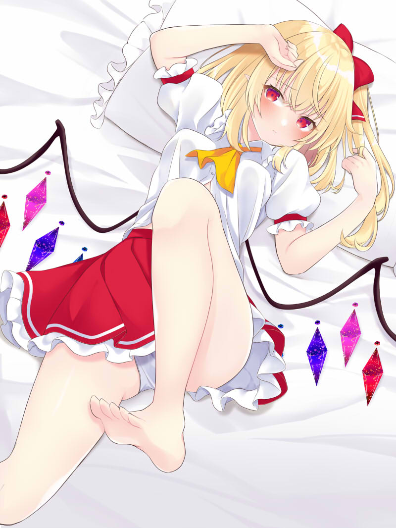 1girl arms_up ascot barefoot blonde_hair blush bow breasts closed_mouth commentary_request crystal dutch_angle feet flandre_scarlet foot_out_of_frame furrowed_brow hair_bow knee_up looking_at_viewer lying medium_breasts medium_hair no_headwear on_back on_bed one_side_up petticoat pillow pointy_ears red_bow red_skirt shirt skirt soles solo toes tosakaoil touhou white_shirt wings yellow_ascot