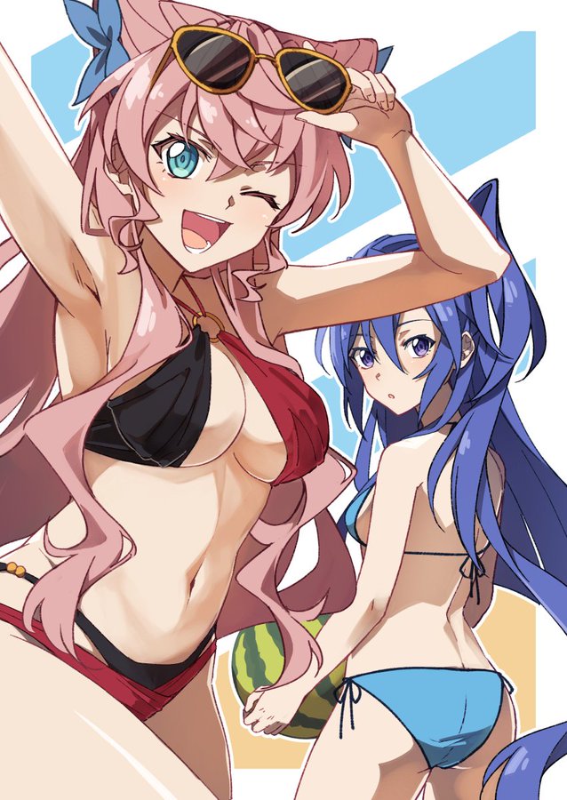 2girls ahoge ass bare_legs bare_shoulders bikini blue_bikini blue_eyes blue_hair blush breasts cleavage hair_between_eyes hair_ornament jagaimo_(kakkoiiosi5) kazanari_tsubasa large_breasts layered_bikini long_hair looking_at_viewer maria_cadenzavna_eve medium_breasts midriff multiple_girls navel o-ring o-ring_bikini o-ring_top one_side_up open_mouth pink_hair purple_eyes senki_zesshou_symphogear smile swimsuit very_long_hair