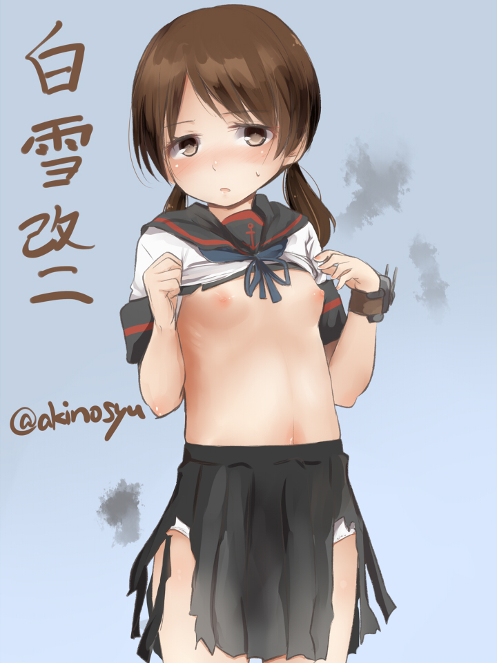 1girl akino_shuu anchor_symbol black_sailor_collar black_skirt blue_background blue_ribbon blush breasts brown_eyes brown_hair clothes_lift commentary_request kantai_collection lifting_own_clothes long_hair low_twintails neck_ribbon nipples panties parted_lips pleated_skirt ribbon sailor_collar shirayuki_(kancolle) shirayuki_kai_ni_(kancolle) shirt_lift short_sleeves simple_background skirt small_breasts small_sweatdrop smoke solo sweat torn_clothes torn_skirt translation_request twintails twitter_username underwear white_panties