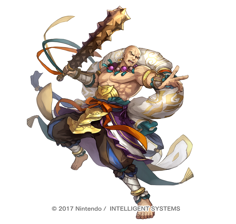 1boy armlet bald barefoot club club_(weapon) copyright_notice earrings feet fire_emblem fire_emblem_fates fire_emblem_heroes fuga_(fire_emblem) full_body holding holding_club holding_weapon japanese_clothes jewelry large_pectorals male_focus muscular muscular_male nijihayashi nintendo no_nipples official_art old old_man open_mouth pectorals solo spiked_club topless_male veins veiny_arms weapon white_background