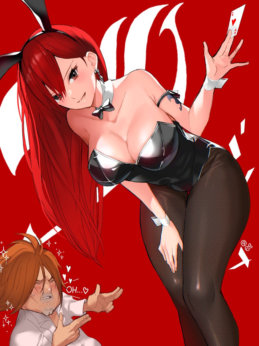 1boy 1girl arm_tattoo breasts brown_eyes cleavage erza_scarlet fairy_tail fairy_tail_logo highres large_breasts leotard long_hair playboy_bunny red_hair smile tattoo usagi448