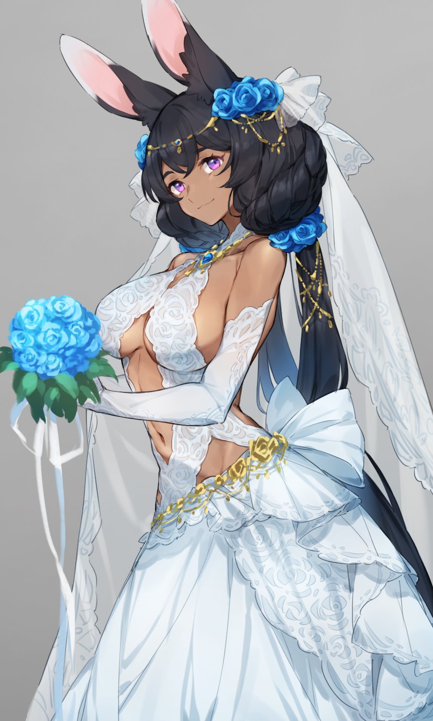 1girl animal_ears bare_shoulders black_hair blue_flower breasts bride closed_mouth dark-skinned_female dark_skin dragalia_lost dragalinuka dress elbow_gloves flower gloves grey_background hair_flower hair_ornament highres holding holding_flower laranoa laranoa_(dragalia_lost) long_hair looking_at_viewer navel purple_eyes rabbit_ears sideboob smile solo very_long_hair wedding_dress white_dress white_gloves