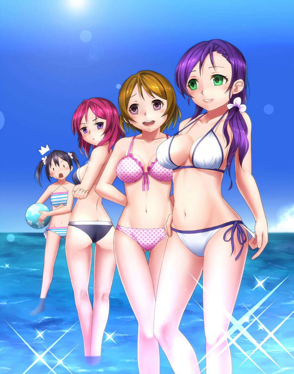 10s 4girls ass ball beachball bikini black_hair breast_envy breasts brown_hair gradient_background green_eyes highres koizumi_hanayo long_hair love_live! love_live!_school_idol_project medium_breasts multiple_girls nishikino_maki purple_eyes purple_hair red_hair rumil short_hair swimsuit tojo_nozomi water yazawa_nico