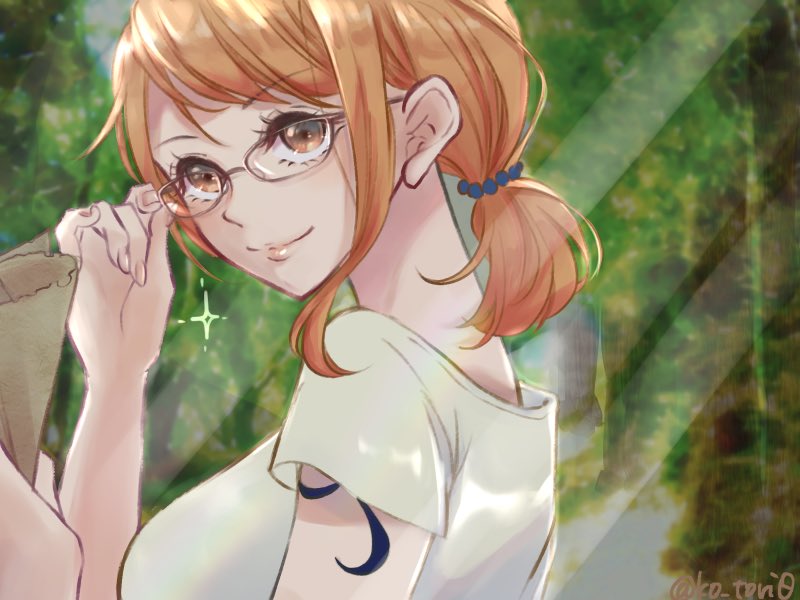 1girl arm_tattoo commentary_request glasses hair_tie holding holding_paper ko_tori0 nami_(one_piece) one_piece orange_eyes outdoors paper profile shirt sidelocks smile solo sparkle t-shirt tattoo twintails upper_body white_shirt