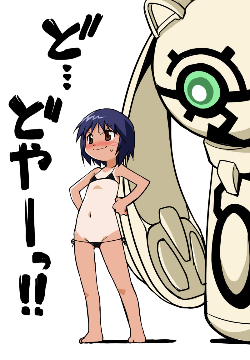 1girl akou_roushi barefoot bikini blue_hair blush blush_stickers brown_eyes embarrassed female_focus flat_chest hands_on_own_hips kamisama_dolls kuga_utao kukuri_(kamisama_dolls) lowleg lowleg_bikini navel short_hair side-tie_bikini_bottom simple_background solo standing sweat swimsuit tan tanline wavy_mouth white_background