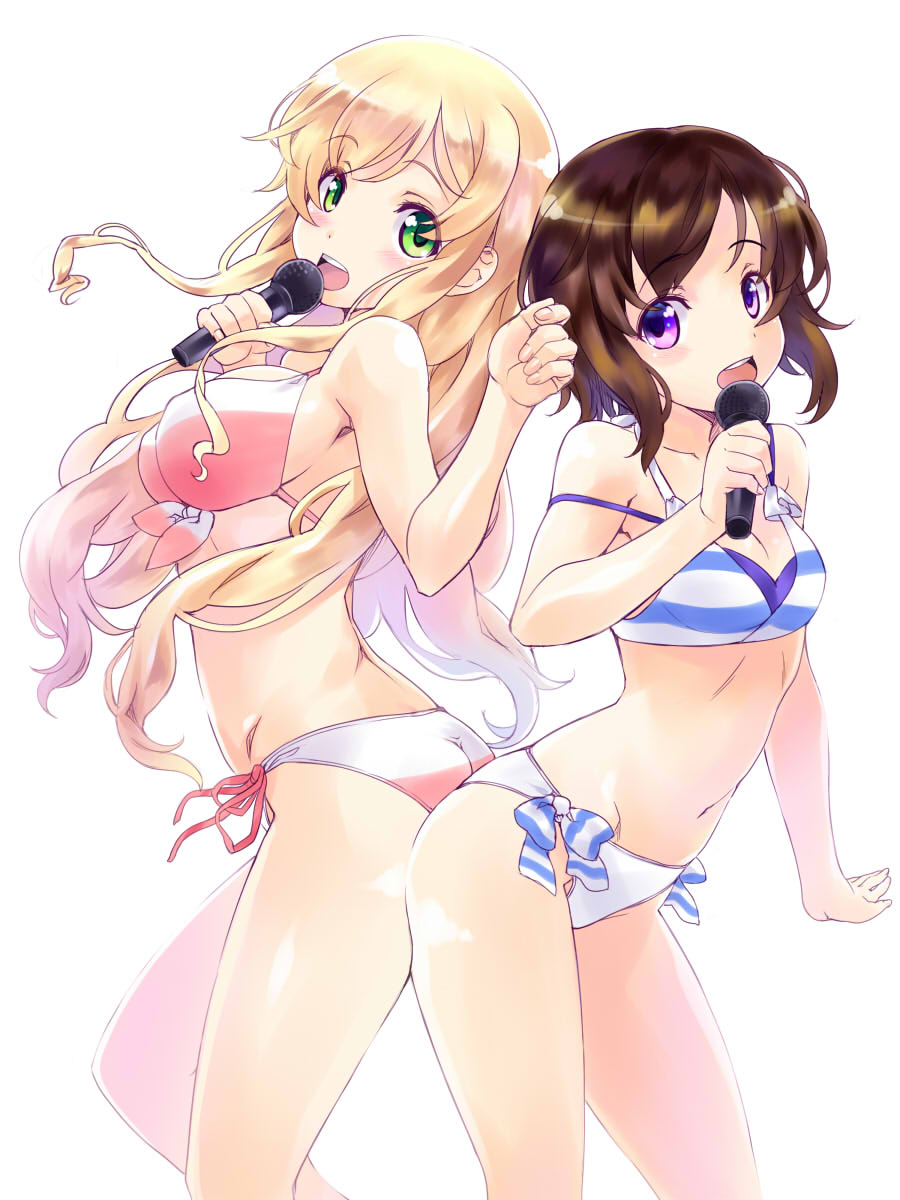 10s 2girls arched_back ass ass-to-ass bare_shoulders bikini blonde_hair breasts brown_hair cleavage contrapposto front-tie_top futsuu_no_joshikousei_ga_locodol_yattemita green_eyes highres kohinata_yukari large_breasts long_hair looking_at_viewer looking_back microphone multiple_girls nagayori navel open_mouth purple_eyes short_hair side-tie_bikini_bottom simple_background standing strap_slip swimsuit usami_nanako white_background wireless