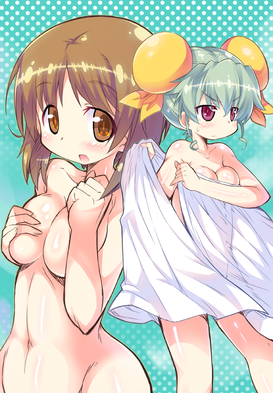 2girls anchovy_(girls_und_panzer) breasts bun_cover commentary_request covering_privates covering_breasts double_bun girls_und_panzer hair_bun hair_up kanibasami long_hair looking_at_viewer looking_to_the_side multiple_girls naked_towel navel nishizumi_miho nude short_hair standing sweatdrop towel