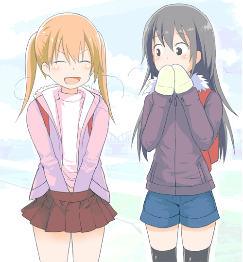 2girls :d backpack bag black_eyes black_hair black_legwear blue_shorts blue_sky blush brown_hair brown_jacket brown_skirt closed_eyes cloud copyright_request covered_mouth day fujisaka_lyric green_mittens hair_between_eyes hand_under_clothes hand_under_skirt jacket long_hair mittens multiple_girls open_clothes open_jacket open_mouth outdoors pleated_skirt purple_jacket shirt short_shorts shorts skindentation skirt sky smile thighhighs twintails v-shaped_eyebrows very_long_hair white_shirt