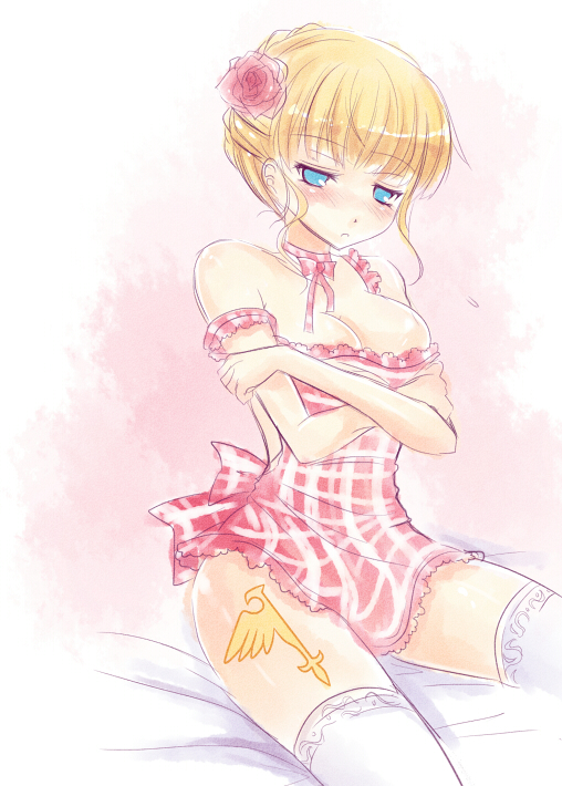 1girl apron beatrice_(umineko) blonde_hair blue_eyes blush female_focus murasakio naked_apron solo strap_slip thighhighs umineko_no_naku_koro_ni