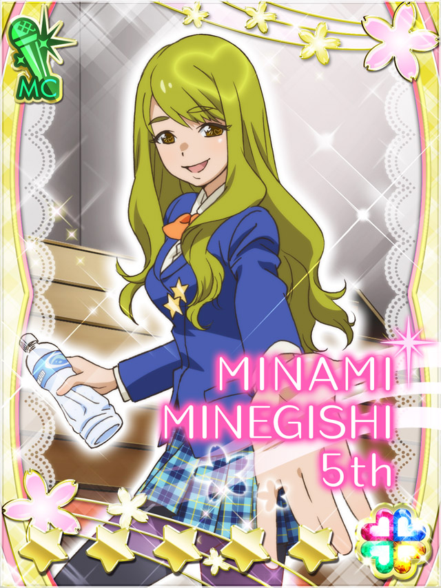 1girl :d akb0048 black_pantyhose blazer blue_jacket blue_skirt bottle card_(medium) character_name cowboy_shot from_side green_eyes green_hair heart holding holding_bottle indoors jacket long_hair long_sleeves looking_at_viewer minamino_mikako non-web_source official_art open_mouth pantyhose plaid_clothes plaid_skirt plastic_bottle pleated_skirt reaching reaching_towards_viewer school school_uniform skirt smile solo sparkle stairs star_(symbol) walking