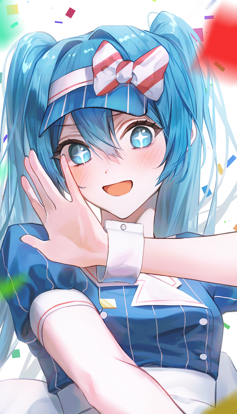 +_+ 1girl apron back_bow blue_dress blue_eyes blue_hair blue_nails blue_visor blush bow bright_pupils buttons commentary_request confetti double-breasted dress hair_between_eyes hair_intakes hand_up hatsune_miku highres inosia long_hair looking_at_viewer mesmerizer_(vocaloid) nail_polish open_mouth puffy_short_sleeves puffy_sleeves red_bow short_sleeves simple_background smile solo striped_bow striped_clothes striped_dress twintails two-tone_bow upper_body vertical-striped_clothes vertical-striped_dress vocaloid waist_apron white_apron white_background white_bow white_pupils white_wrist_cuffs wrist_cuffs