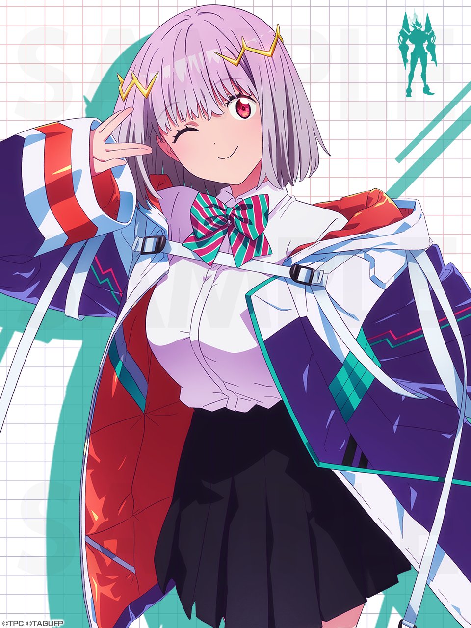 1girl alexis_kerib_(new_order) black_skirt bow bowtie breasts cleavage collared_shirt gridman_universe gridman_universe_(film) highres jacket large_breasts looking_at_viewer off_shoulder official_art one_eye_closed pantyhose purple_jacket red_eyes school_uniform shinjou_akane shinjou_akane_(new_order) shirt short_hair skirt smile solo white_shirt