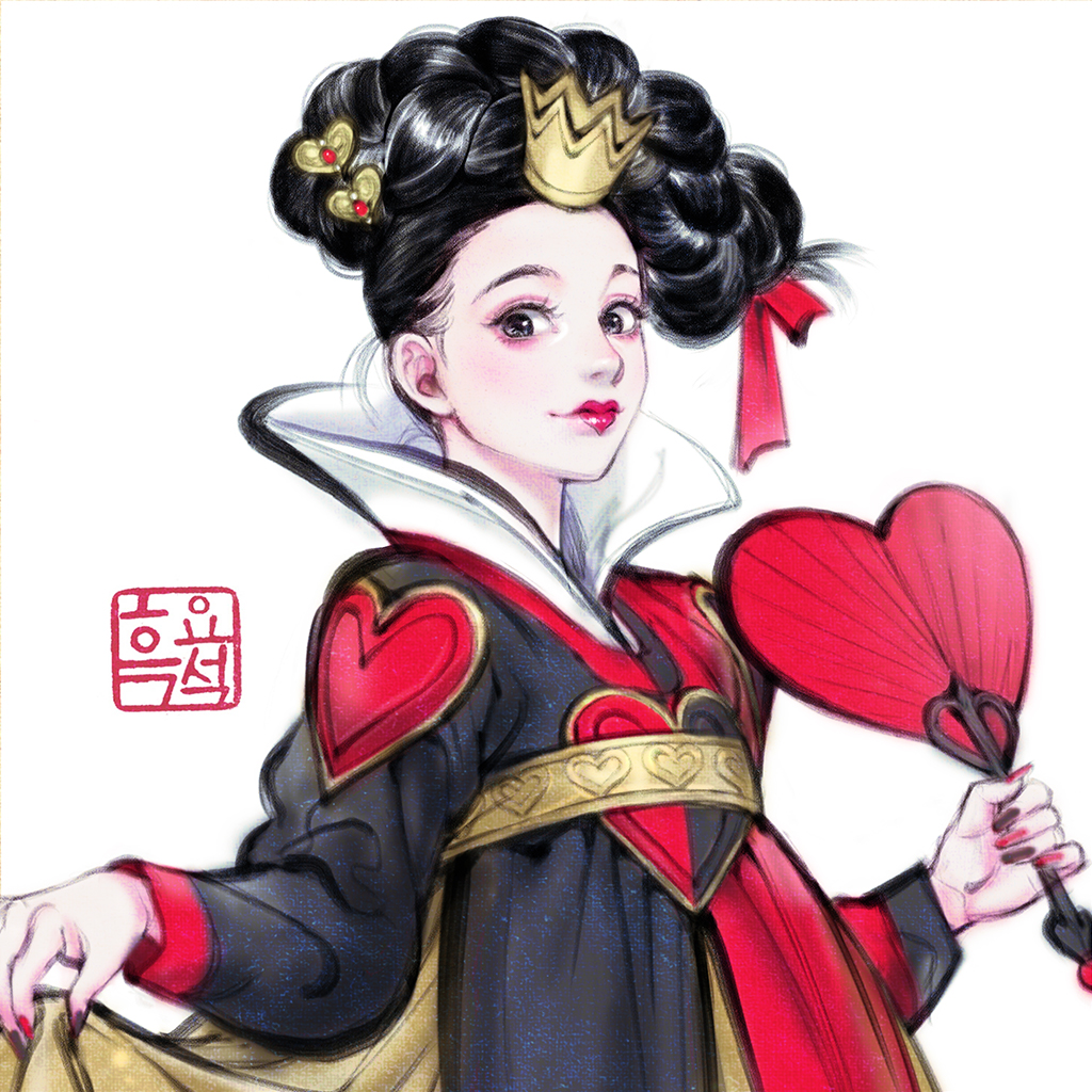 2020 adobe_fresco alice_in_wonderland belt black_dress black_hair black_nails braid clothes_lift crown disney dress fingernails flat_chest gold_belt grey_eyes hair_ornament hair_ribbon hanbok hand_fan heart heart-shaped_fan heart_hair_ornament heart_print high_collar holding holding_fan korean_clothes korean_text lipstick makeup messy_hair nail_art nail_polish nayoung_wooh queen_of_hearts_(alice_in_wonderland) red_dress red_lips red_nails red_ribbon ribbon sharp_fingernails signature skirt skirt_hold skirt_lift solo traditional_clothes two-tone_dress updo