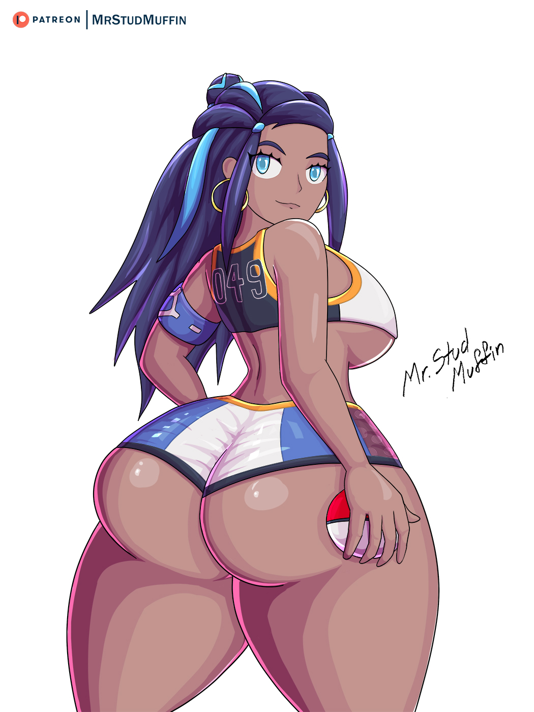 1girl aqua_eyes aqua_hair armband ass bare_shoulders blue_hair breasts creatures_(company) curvy dark-skinned_female dark_skin ear_piercing earrings female_focus game_freak highres huge_ass jewelry large_breasts lips long_hair looking_at_viewer looking_back mrstudmuffin nessa_(pokemon) nintendo piercing poke_ball pokemon pokemon_swsh shiny_clothes shiny_skin shorts sideboob signature smile solo standing tank_top thick_thighs thighs underboob