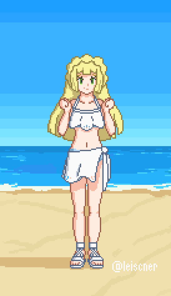 1girl blonde_hair blunt_bangs clear_sky clenched_hands closed_mouth collarbone creatures_(company) day full_body game_freak green_eyes hands_up leiscner lillie_(pokemon) long_hair nintendo outdoors pixel_art pokemon pokemon_(anime) pokemon_sm_(anime) sand sandals sarong shore sky smile solo standing swimsuit twitter_username water watermark white_footwear