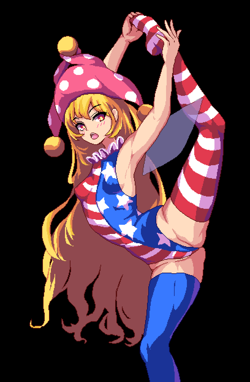 1girl :o american_flag_legwear american_flag_leotard arms_behind_back arms_behind_head ass asymmetrical_legwear balancing blonde_hair blush breasts clownpiece covered_erect_nipples curly_hair flexible groin hair_between_eyes highres leaning_forward leaning_to_the_side long_hair looking_at_viewer puck100ml red_eyes sideboob skin_tight small_breasts split standing standing_on_one_leg standing_split striped_clothes striped_thighhighs thighhighs touhou very_long_hair