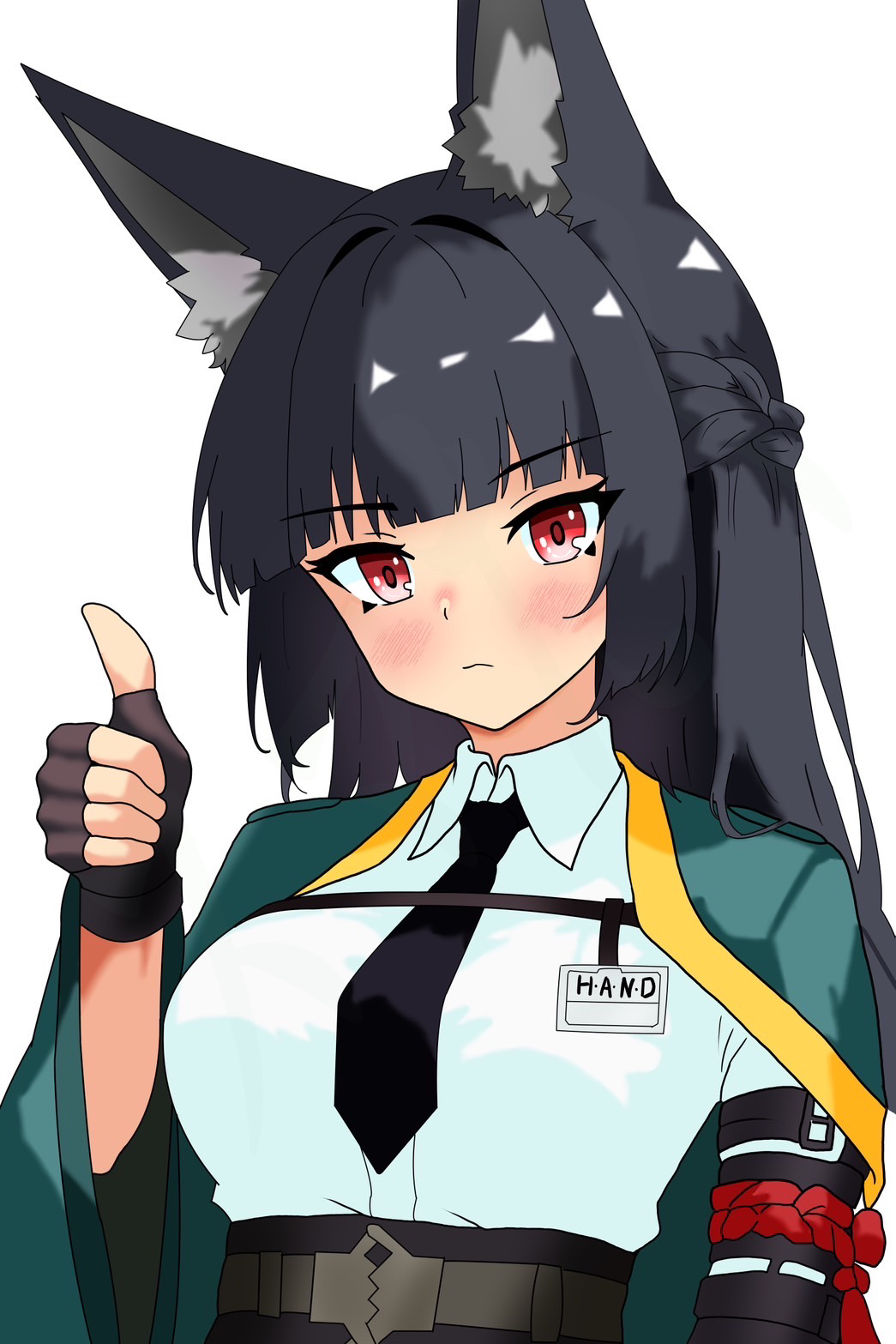 1girl animal_ear_fluff animal_ears black_hair black_necktie blush closed_mouth dress_shirt fox_ears fox_girl green_jacket highres hoshimi_miyabi jacket long_hair looking_at_viewer necktie red_eyes shirt simple_background smapy_sumataku solo thumbs_up upper_body white_background white_shirt zenless_zone_zero