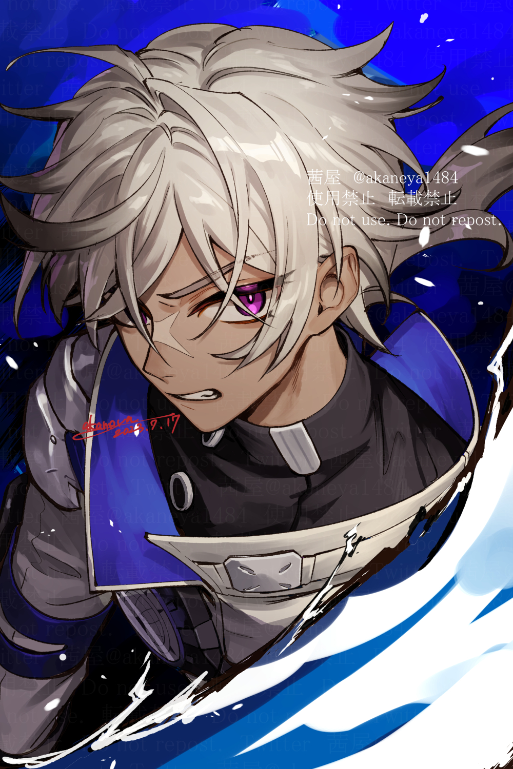 1boy ahoge arlan_(honkai:_star_rail) artist_name black_shirt blue_background clenched_teeth commentary_request crossed_bangs dark-skinned_male dark_skin dated floating_hair grey_hair grey_jacket hair_between_eyes highres honkai:_star_rail honkai_(series) jacket long_hair long_sleeves looking_at_viewer low_ponytail male_focus ojo_aa ponytail purple_eyes scar scar_on_face scar_on_nose shirt sidelocks signature simple_background solo teeth turtleneck twitter_username upper_body v-shaped_eyebrows watermark