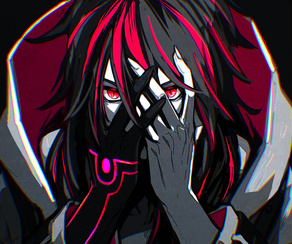 black_hair black_skin colored_skin fingernails hands_on_own_face hood kuon_(under_night_in-birth) long_hair multicolored_hair multicolored_skin red_eyes red_hair sharp_fingernails slit_pupils tb_(spr1110) two-tone_hair under_night_in-birth under_night_in-birth_2_sys:celes