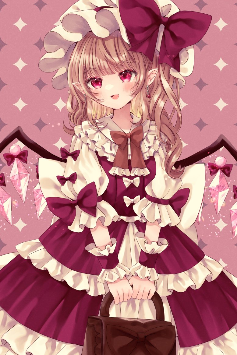 1girl bag blonde_hair classic_lolita cowboy_shot crystal_wings earrings flandre_scarlet hat holding holding_bag jaku_sono jewelry lolita_fashion long_hair mob_cap muted_color pink_background pink_theme pointy_ears red_eyes red_shirt red_skirt shirt side_ponytail skirt solo touhou white_hat