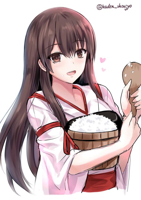 10s 1girl :d akagi_(kancolle) blush bowl bucket cowboy_shot female_focus food hakama hakama_short_skirt hakama_skirt japanese_clothes kantai_collection kimono mafuyu_(kanden_shoujyo) miko ohitsu open_mouth red_skirt rice sadakofxe shamoji simple_background skirt smile solo tasuki twitter_username typo white_background