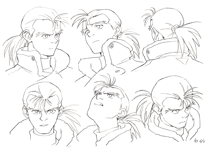 1990s_(style) 1boy aoki_uru character_sheet expressions gainax long_hair monochrome multiple_views official_art production_art retro_artstyle sadamoto_yoshiyuki traditional_media uru_(aoki_uru)