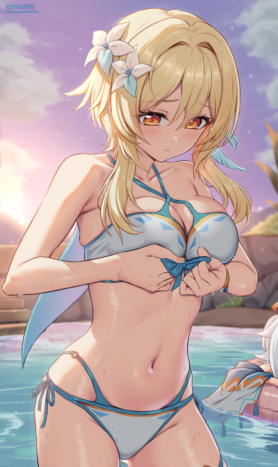 1girl beach bikini blonde_hair bra breasts cleavage flower genshin_impact hair_between_eyes hair_flower hair_ornament highres looking_down lumine_(genshin_impact) lumine_(hot_springs)_(genshin_impact) medium_breasts medium_hair navel paimon_(genshin_impact) paimon_(hot_springs)_(genshin_impact) panties ponnyu12 sky stairs stomach string_bikini string_panties swimsuit tying_bikini tying_bra underwear water white_bikini white_bra white_panties yellow_eyes