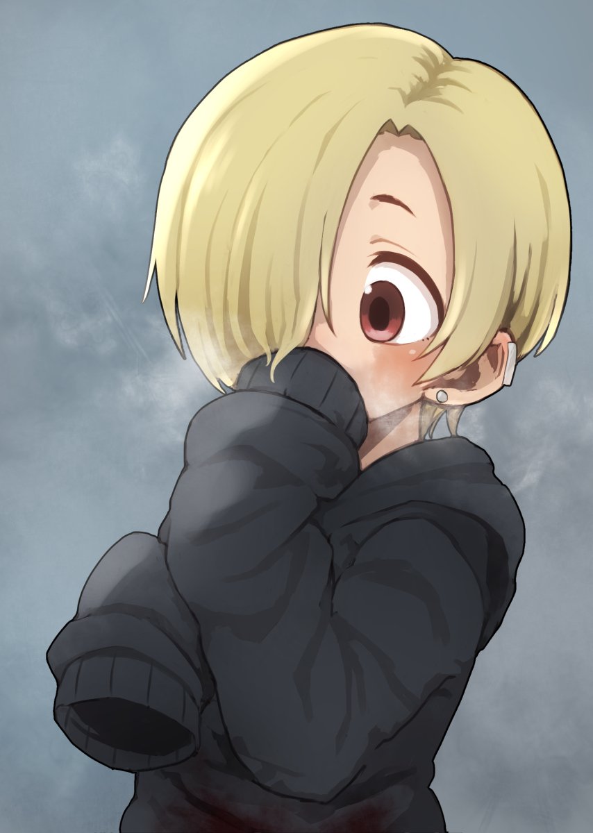 1girl black_hoodie blonde_hair blue_background blush breath breathing_on_hands earclip earrings female_focus gazacy_(dai) hair_over_one_eye hand_to_own_mouth heavy_breathing highres hood hood_down hoodie idolmaster idolmaster_cinderella_girls jewelry long_sleeves red_eyes shirasaka_koume simple_background sleeves_past_wrists solo warming_hands