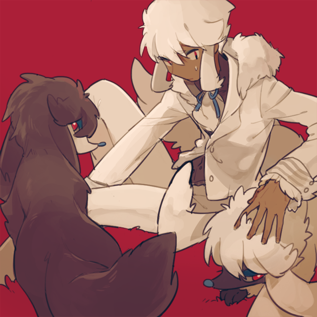 10s 1boy alternate_color business_suit creatures_(company) dark_skin formal_clothes fur furfrou game_freak gen_6_pokemon knees legs necktie nintendo personification pokemon pokemon_xy red_eyes shiny_pokemon suit