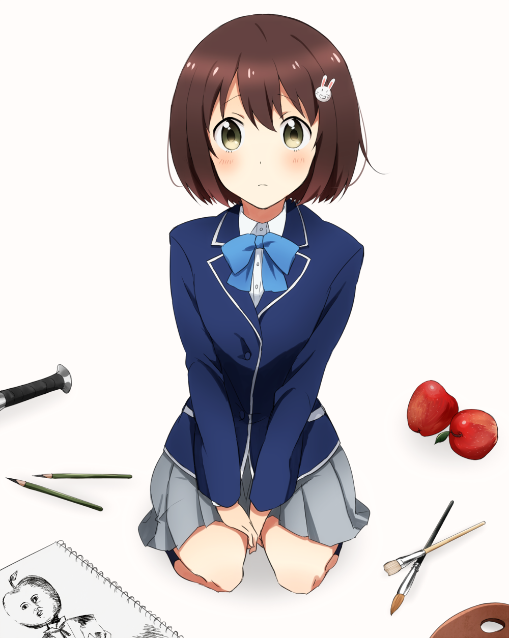 1girl bob_cut brown_eyes brown_hair female_focus hair_ornament highres jacket kono_bijutsubu_niwa_mondai_ga_aru! looking_at_viewer nanasaki_(humkuru) rabbit_hair_ornament school_uniform short_hair simple_background skirt solo usami_mizuki