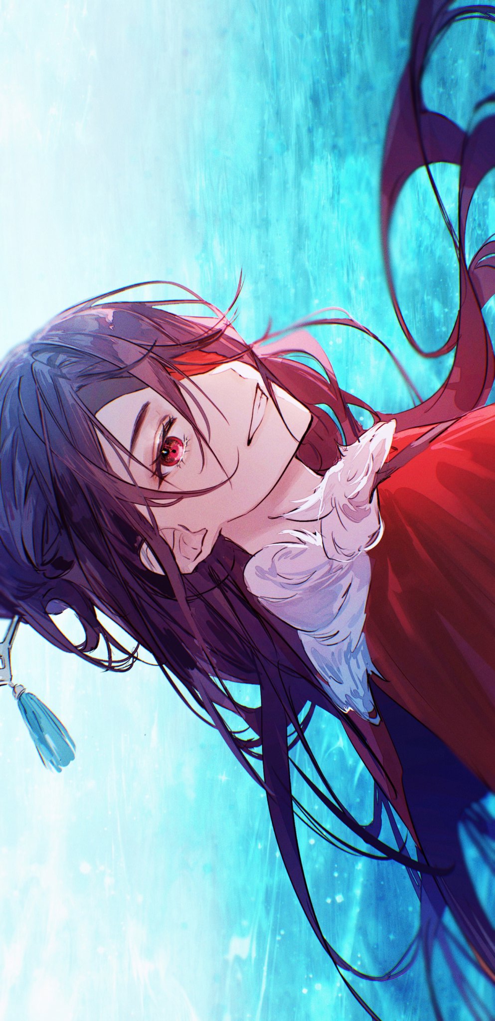 1girl beidou_(genshin_impact) brown_hair colored_eyepatch eyepatch fur_collar genshin_impact grin hair_behind_ear hair_ornament hair_over_one_eye hair_stick hairpin highres karanagare looking_at_viewer ocean one_eye_covered outdoors red_eyes sideways smile solo water