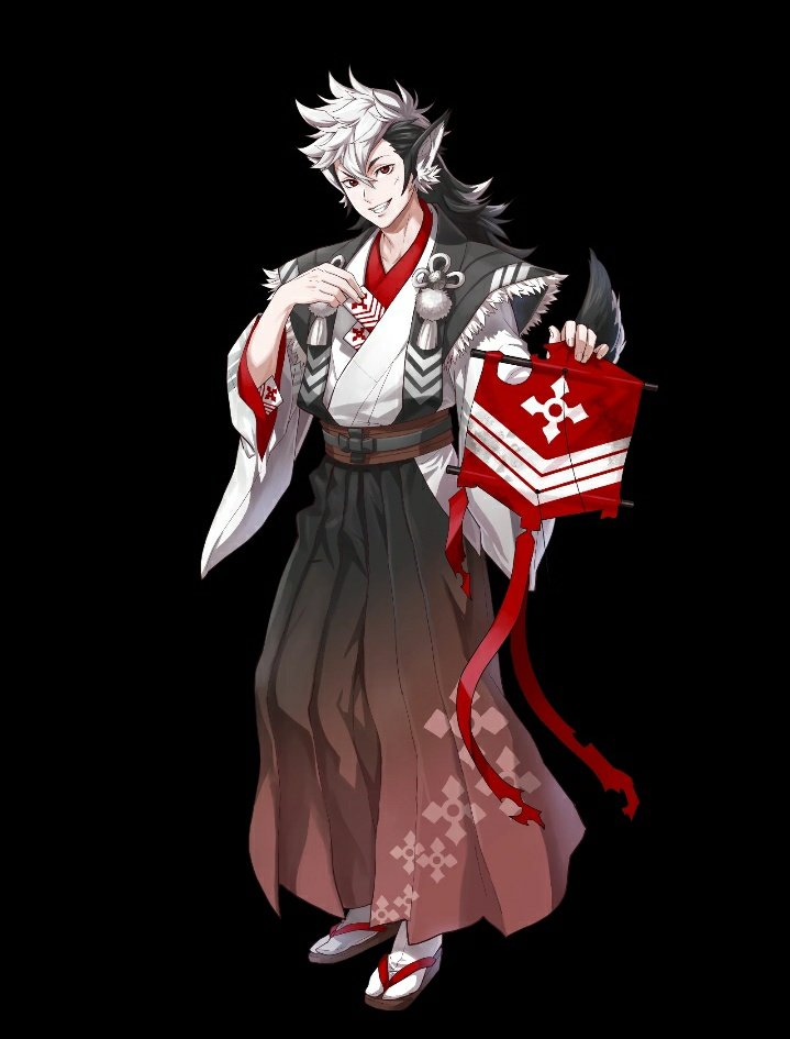 1boy animal_ears black_fur black_hair black_kimono fire_emblem fire_emblem_fates fire_emblem_heroes indesign japanese_clothes keaton_(fire_emblem) keaton_(new_year)_(fire_emblem) kimono male_focus mullet multicolored_hair nintendo official_alternate_costume official_art red_eyes sandals tabi tail two-tone_fur two-tone_hair white_fur white_hair wide_sleeves wolf_boy wolf_ears wolf_tail