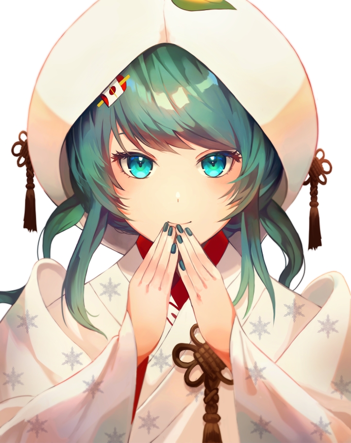 1girl aqua_eyes aqua_hair aqua_nails bad_id bad_pixiv_id commentary hair_ornament covering_own_mouth hatsune_miku hood hood_up hooded_kimono japanese_clothes kimono leaf light_smile looking_at_viewer medium_hair moritsuji nail_polish portrait shiromuku snowflake_print solo tassel uchikake vocaloid white_background white_kimono yuki_miku yuki_miku_(2013)