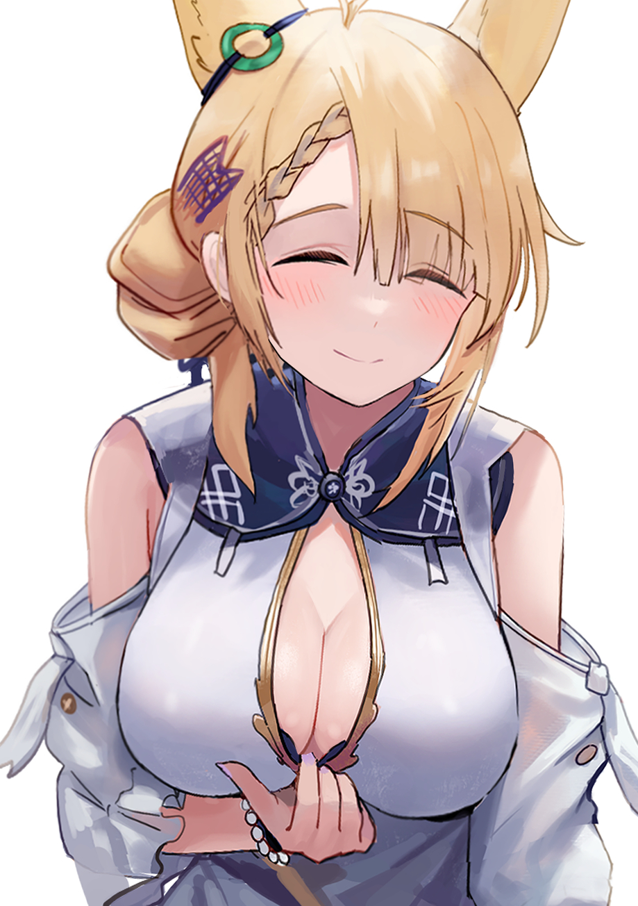 1girl animal_ears arknights blonde_hair blush bracelet braid breasts chinese_commentary cleavage closed_eyes closed_mouth commentary_request detached_sleeves doctor_(arknights) hair_ornament hair_over_one_eye highres jewelry kroos_(arknights) kroos_the_keen_glint_(along_the_corridor)_(arknights) kroos_the_keen_glint_(arknights) large_breasts official_alternate_costume pearl_bracelet pov purple_nails rabbit_ears shirt simple_background single_braid smile solo swept_bangs upper_body white_background white_shirt white_sleeves zayur