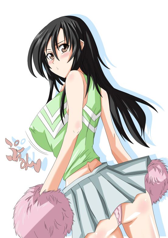 1girl ass bare_arms bare_shoulders black_hair blush breasts brown_eyes cheerleader commentary_request covered_erect_nipples cowboy_shot from_behind fukiyose_seiri green_tank_top hair_between_eyes holding holding_pom_poms large_breasts long_bangs long_hair looking_at_viewer miniskirt nonnon_(yudenonno) panties pantyshot parted_lips partial_commentary pink_panties pleated_skirt pom_pom_(cheerleading) pom_poms skirt solo tank_top toaru_majutsu_no_index toaru_majutsu_no_index:_old_testament translation_request underwear white_background