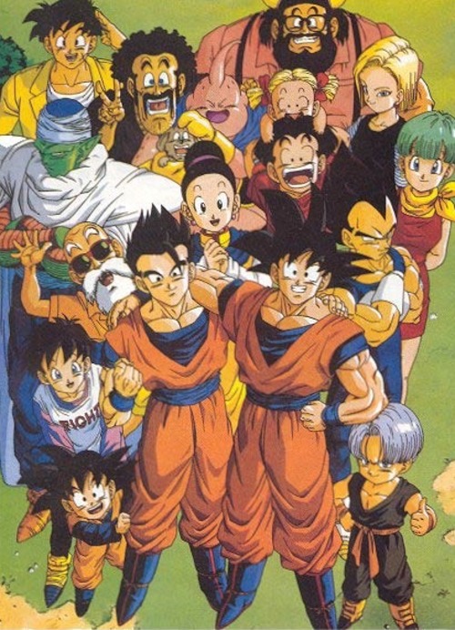 5girls 6+boys android_18 bee_(dragon_ball) bulma chi-chi_(dragon_ball) cleaned dog dragon_ball dragonball_z gyuu_mao kuririn looking_at_viewer majin_buu marron_(dragon_ball) mr._satan multiple_boys multiple_girls muten_roushi nature outdoors piccolo plant smile son_gohan son_goku son_goten trunks_(dragon_ball) vegeta videl yamamuro_tadayoshi yamcha