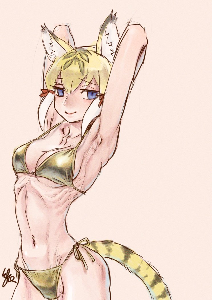 1girl animal_ears armpits arms_behind_head arms_up bikini black_hair blonde_hair blue_eyes breasts closed_mouth cowboy_shot empty_eyes gold_bikini groin hair_between_eyes kemono_friends kishida_shiki looking_at_viewer medium_breasts multicolored_hair navel ribs side-tie_bikini_bottom simple_background sketch skinny smile smilodon_(kemono_friends) solo stomach strap_gap swimsuit tail white_hair