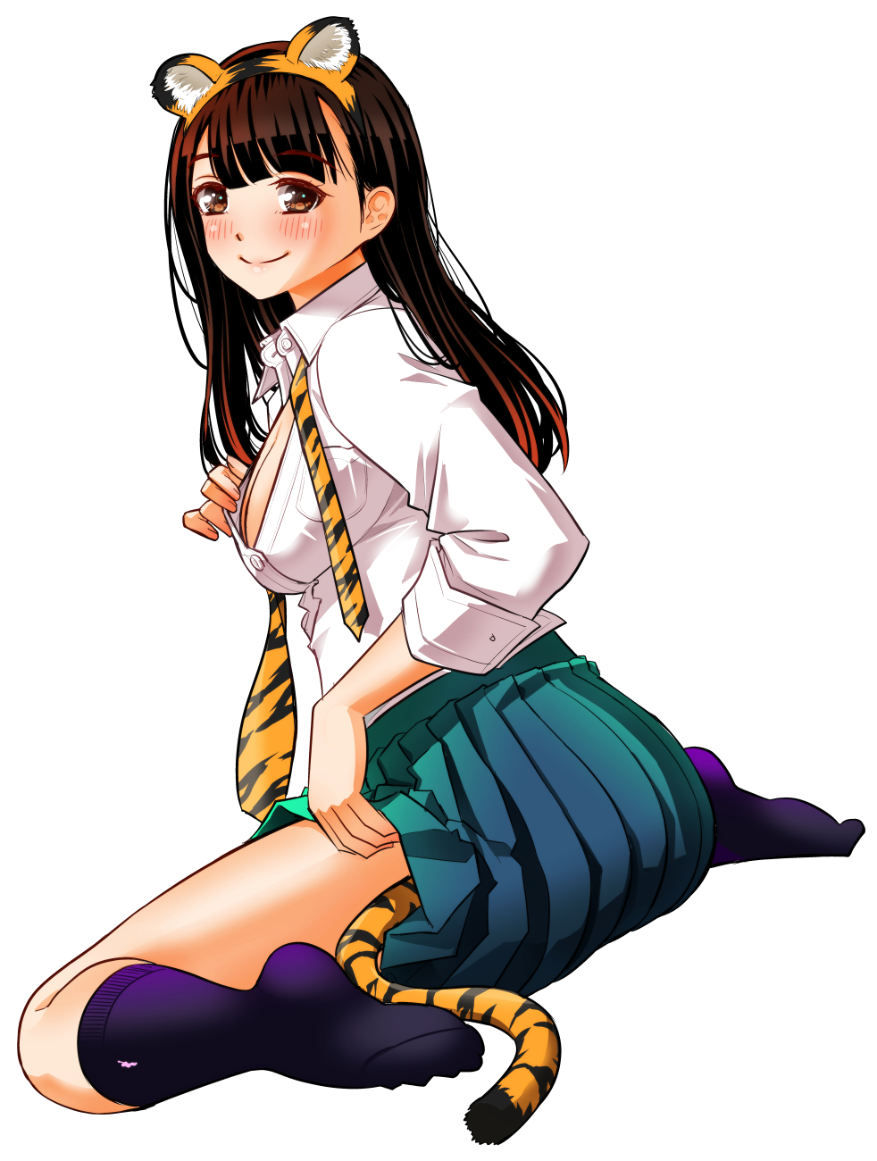 1girl animal_ear_hairband animal_ears animal_print black_socks blush breasts brown_eyes brown_hair closed_mouth collared_shirt commentary_request fake_animal_ears from_side full_body green_skirt hairband hand_on_own_chest highres long_hair long_sleeves looking_at_viewer medium_breasts necktie no_shoes partially_unbuttoned pleated_skirt school_uniform shirt simple_background sitting skirt smile socks sogabe_toshinori solo tail takae_kasumi tiger_ears tiger_print tiger_tail wariza white_background white_shirt yankee_jk_kuzuhana-chan