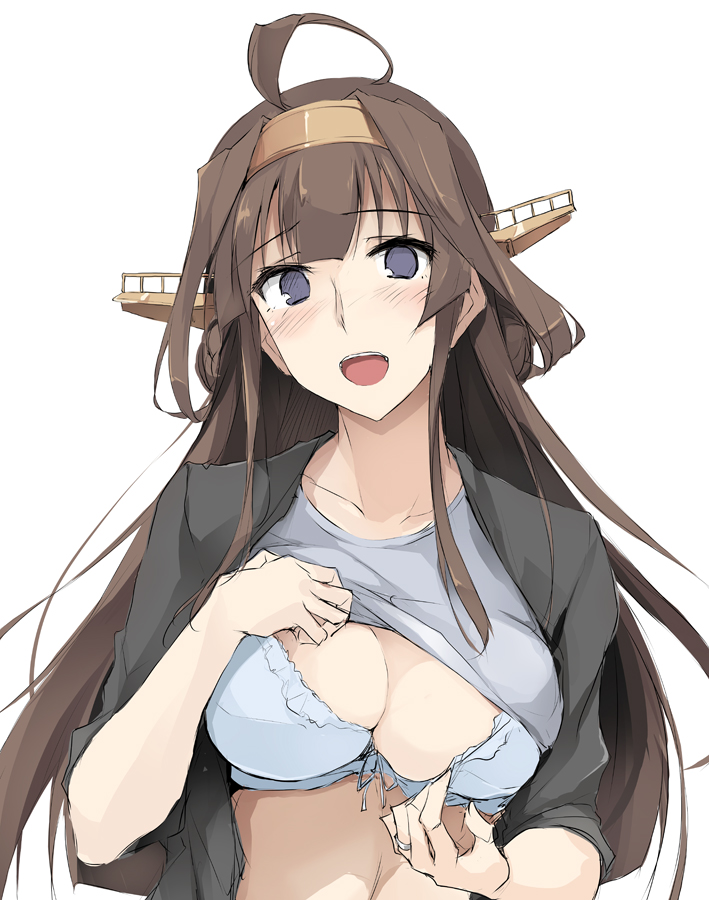 1girl ahoge alternate_costume black_jacket blue_bra blush bra breasts brown_hair cleavage clothes_lift commentary female_focus grey_shirt hairband it&#039;s_ok_to_touch jacket jewelry kantai_collection kongou_(kancolle) large_breasts lifting_own_clothes long_hair looking_at_viewer ring shirt shirt_lift simple_background solo underwear upper_body wedding_band white_background zekkyon