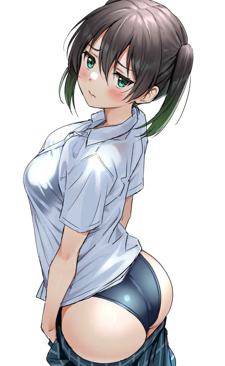 1girl aqua_eyes ass blush breasts clothes_pull competition_swimsuit green_skirt hair_between_eyes highres large_breasts looking_at_viewer looking_back love_live! love_live!_nijigasaki_high_school_idol_club love_live!_school_idol_festival_all_stars multicolored_hair nijigasaki_school_uniform one-piece_swimsuit plaid_clothes plaid_skirt pleated_skirt sankuro_(agoitei) school_uniform shirt short_sleeves simple_background skirt skirt_pull solo swimsuit swimsuit_under_clothes takasaki_yu twintails two-tone_hair white_background white_shirt