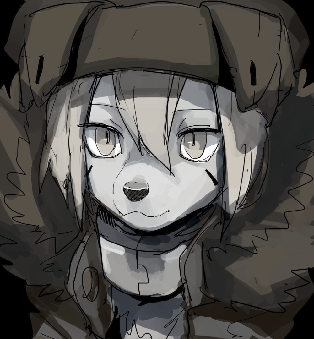 1boy animal beanie black_background close-up clothed_animal commentary_request dog fur_collar furry grey_hair hat looking_ahead original portrait short_hair simple_background sketch solo wintom