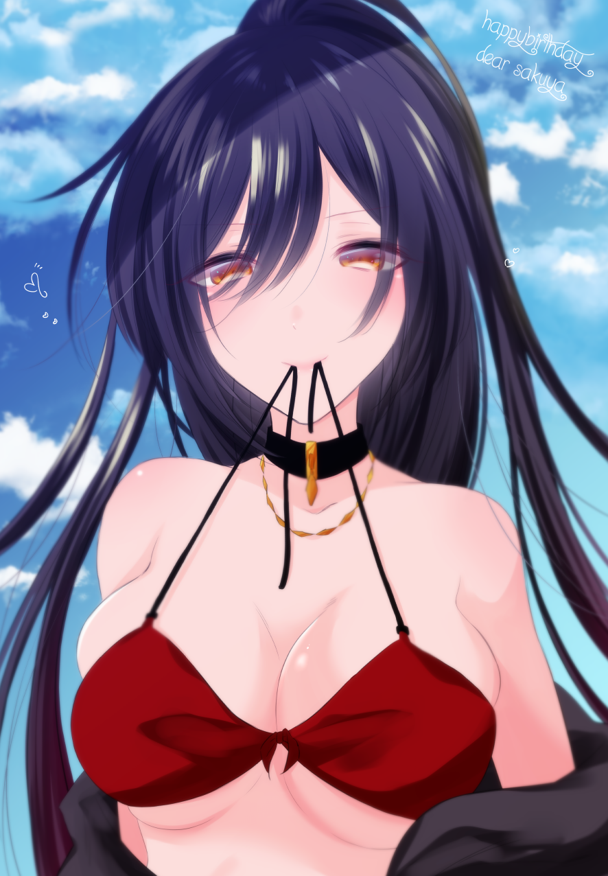 bad_id bad_pixiv_id bare_shoulders bikini black_hair blue_sky breasts choker cleavage cloud collarbone commentary_request day hair_between_eyes high_ponytail highres idolmaster idolmaster_shiny_colors jewelry large_breasts looking_at_viewer milk_maika necklace ponytail red_bikini shirase_sakuya sideboob sky smile solo swimsuit underboob yellow_eyes