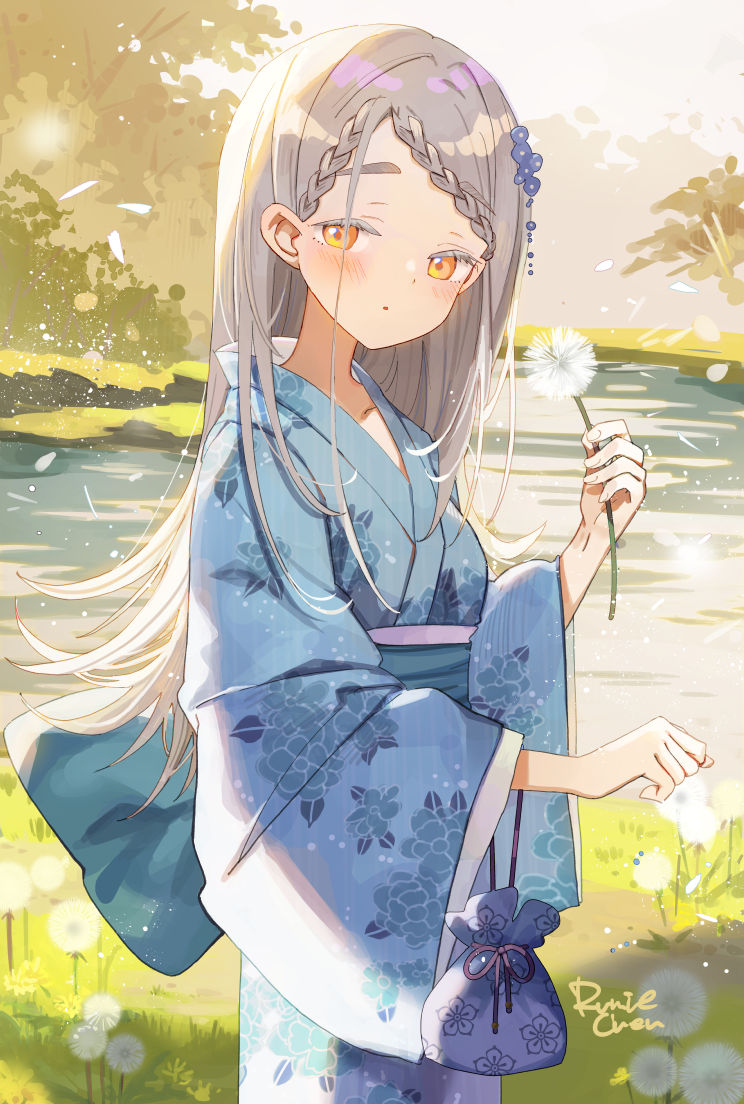 :o blue_kimono blush braid braided_bangs colored_eyelashes commentary_request dandelion falling_petals flipped_hair flower gakuen_idolmaster idolmaster japanese_clothes kimono long_hair looking_at_viewer mao_xiaozha_(rumiechen) orange_eyes outdoors partial_commentary petals shinosawa_hiro signature very_long_hair yukata