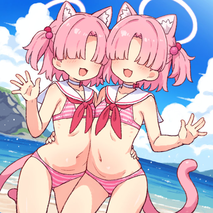 2girls :3 :d animal_ears bare_arms bare_shoulders beach bikini blue_archive blue_sky blush cat_ears cat_girl cat_tail chlorella_observation_club_member_(blue_archive) choker cloud contrapposto cowboy_shot day dutch_angle facing_viewer flat_chest fluff hair_bobbles hair_ornament hair_over_eyes halo hand_on_another&#039;s_hip hand_up horizon legs_apart multiple_girls navel neckerchief onyhakase open_mouth outdoors parted_bangs pink_bikini pink_hair red_neckerchief sailor_collar salute sand short_hair sky smile spread_fingers standing striped_bikini striped_clothes swimsuit tail water white_choker