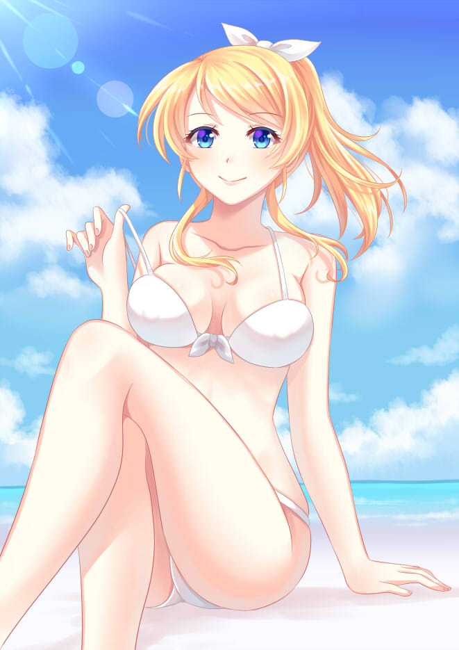 10s 1girl ayase_eli beach bikini blonde_hair blue_eyes blush breasts covered_erect_nipples female_focus front-tie_bikini_top front-tie_top hair_ribbon large_breasts crossed_legs long_hair looking_at_viewer love_live! love_live!_school_idol_festival love_live!_school_idol_project ocean ponytail ribbon sidelocks sitting smile solo strap_pull sunburst swimsuit villyane white_bikini