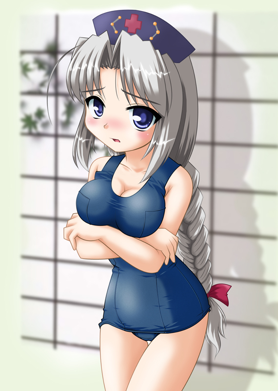 1girl :o against_wall blue_eyes blush bow braid breast_hold breasts cleavage collarbone cowboy_shot female_focus hair_bow hat large_breasts long_hair looking_at_viewer low-tied_long_hair neopure nurse_cap one-piece_swimsuit panties red_bow school_swimsuit single_braid solo standing swimsuit touhou underwear white_hair yagokoro_eirin