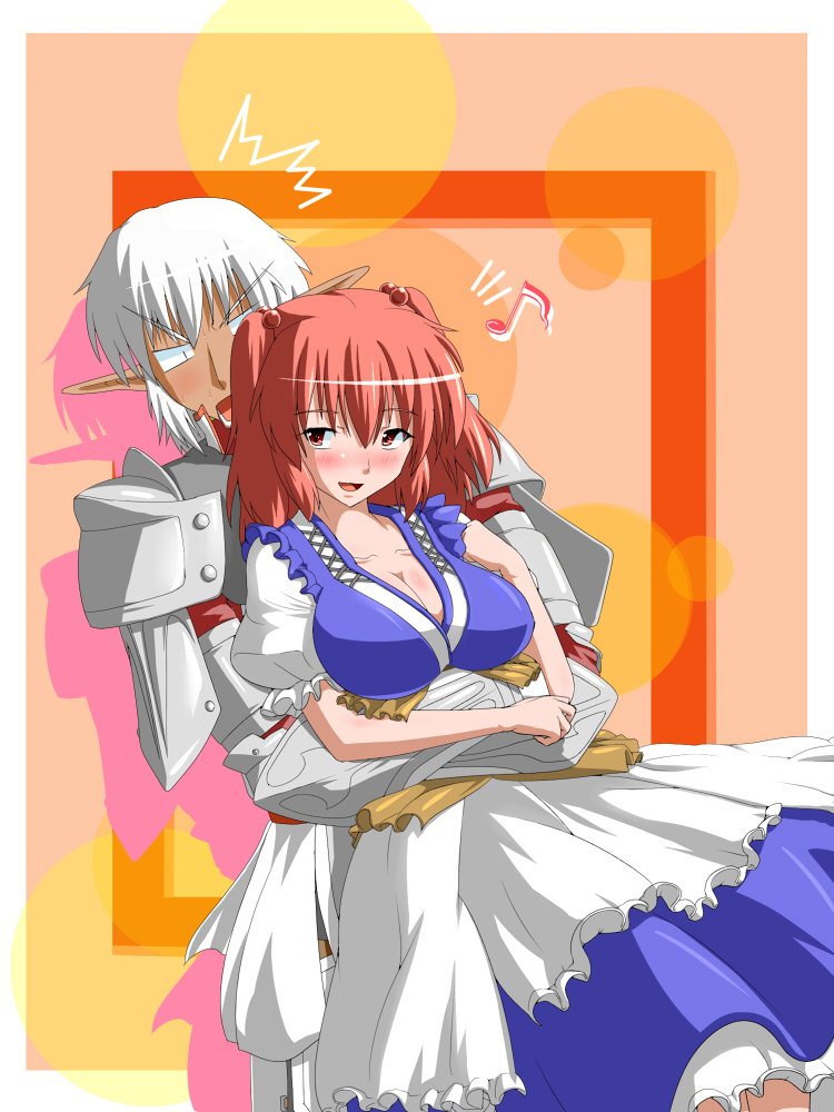 00s 1boy 1girl armor bad_id bad_pixiv_id blush buront crossover dress final_fantasy final_fantasy_xi fueiku onozuka_komachi open_mouth pointy_ears puffy_short_sleeves puffy_sleeves red_hair short_sleeves silver_hair the_iron_of_yin_and_yang touhou