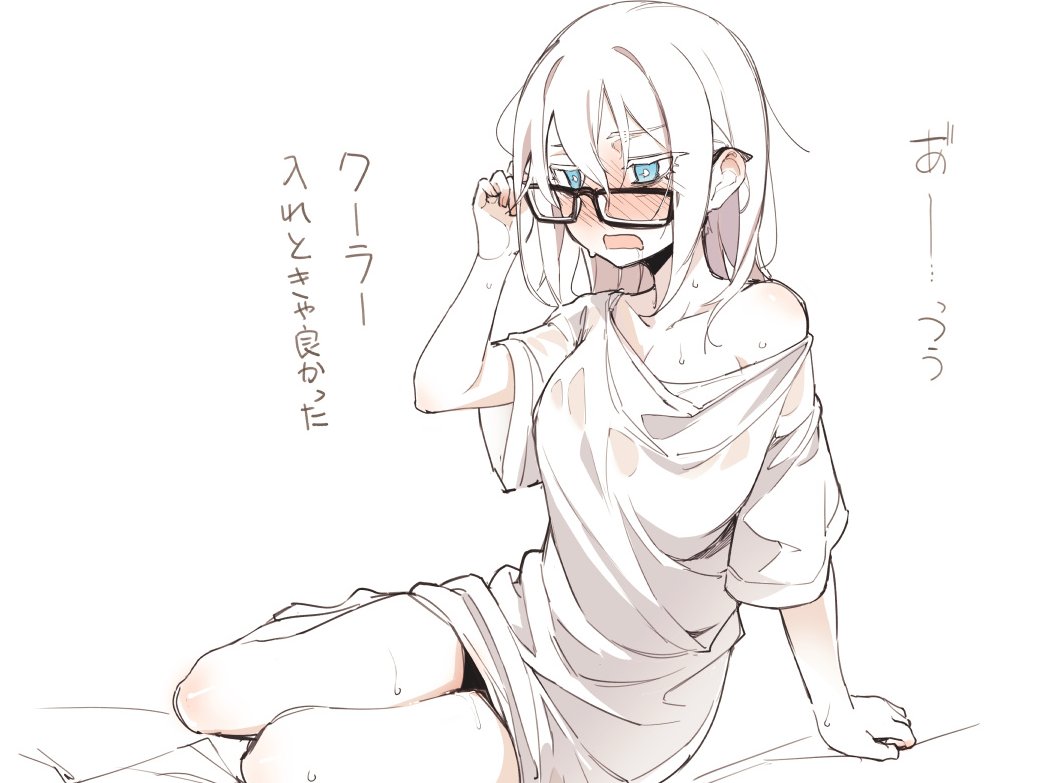 1girl asutora asutora-chan black-framed_eyewear blue_eyes blush glasses medium_hair off_shoulder open_mouth original shirt short_sleeves simple_background solo sweat sweaty_clothes translation_request white_background white_hair white_shirt